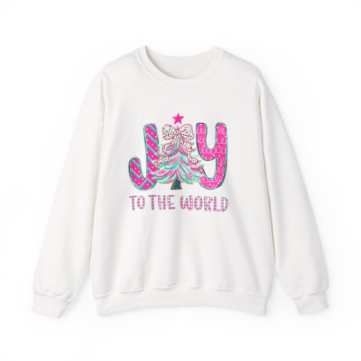 Joy to the World w/Christmas Tree Pink and Teal – Gildan Heavy Blend | Trendy Women’s Soft Sweatshirt. Direct to Garment. Printed & Shipped in the USA. Unisex Sizes.