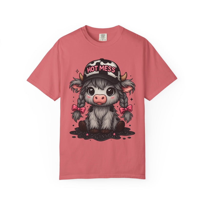Cute Highland Cow 'Hot Mess' In Braids  - Comfort Colors | Trendy Women's T-Shirt. Direct to Garment. Printed & Shipped in the USA. Unisex Sizes.