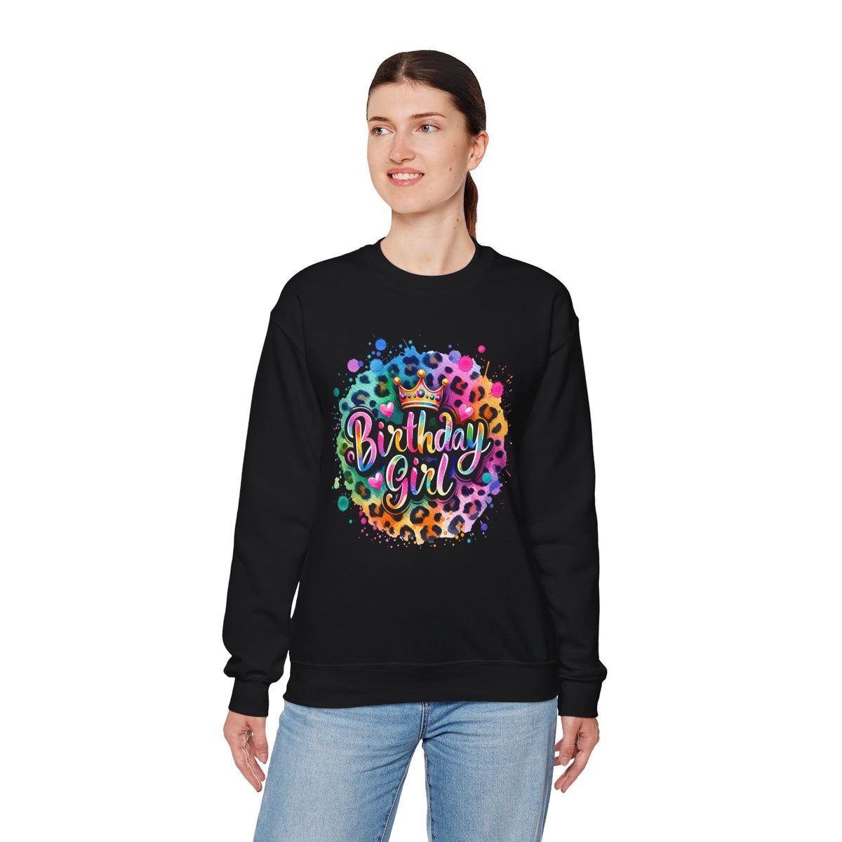 Birthday Girl, Neon Leopard – Gildan Heavy Blend | Trendy Women’s Soft Sweatshirt. Direct to Garment. Printed & Shipped in the USA. Unisex Sizes.