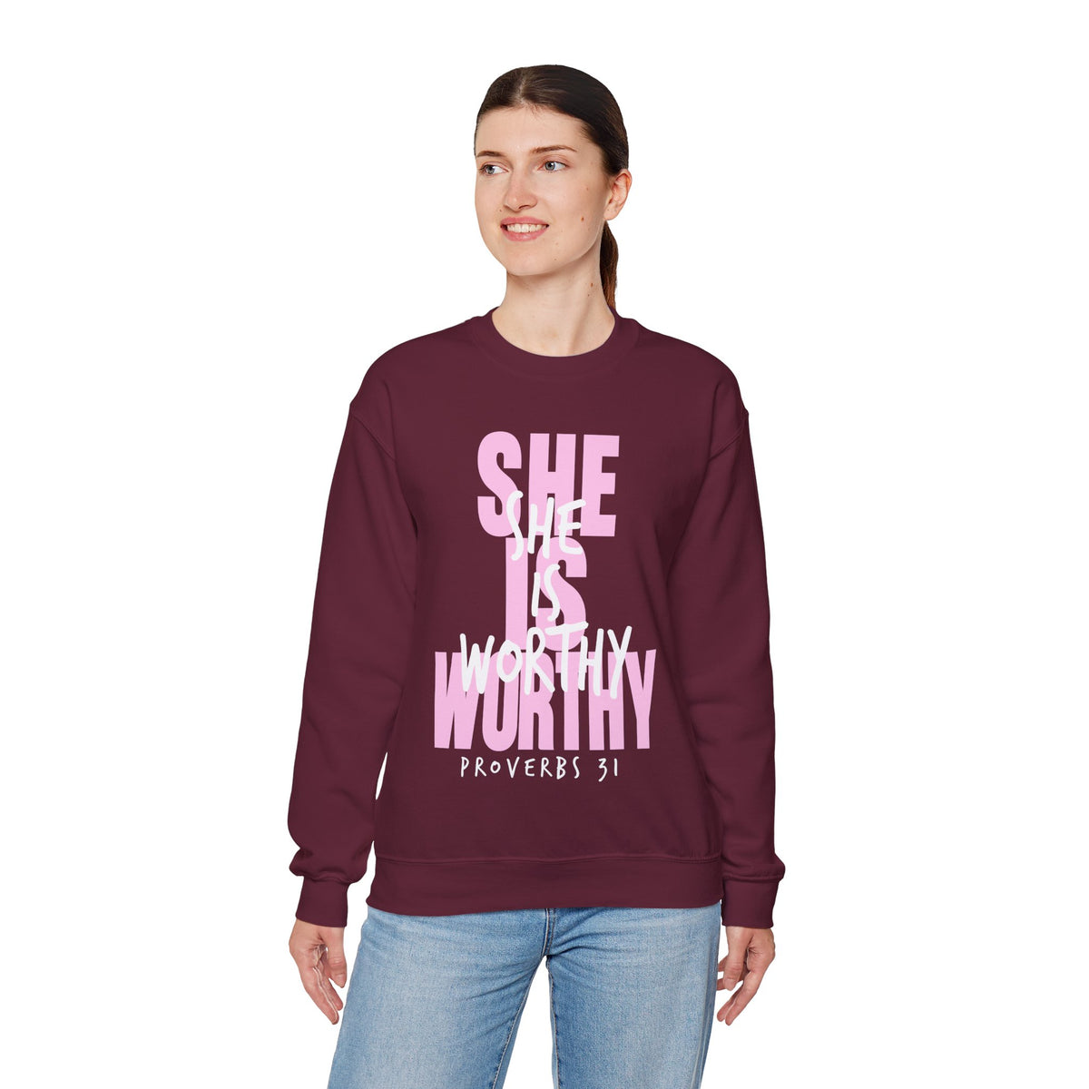 She Is Worthy – Gildan Heavy Blend | Trendy Women’s Soft Sweatshirt. Direct to Garment. Printed & Shipped in the USA. Unisex Sizes.