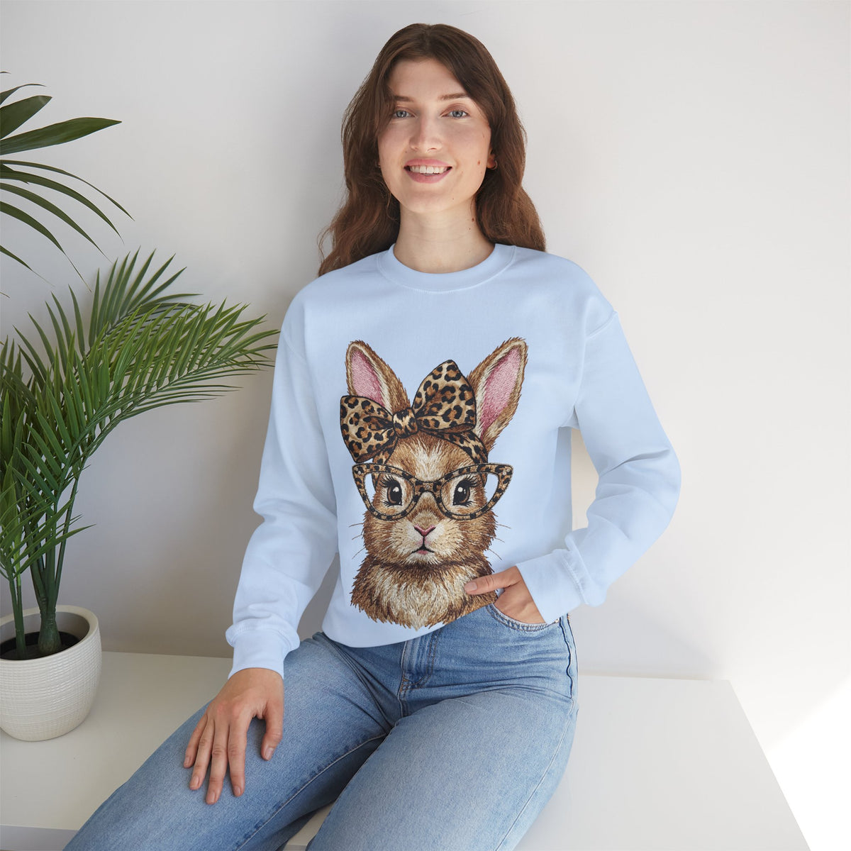 Bunny with Leopard Glasses and Bow – Gildan Heavy Blend | Trendy Women’s Soft Sweatshirt. Direct to Garment. Printed & Shipped in the USA. Unisex Sizes.