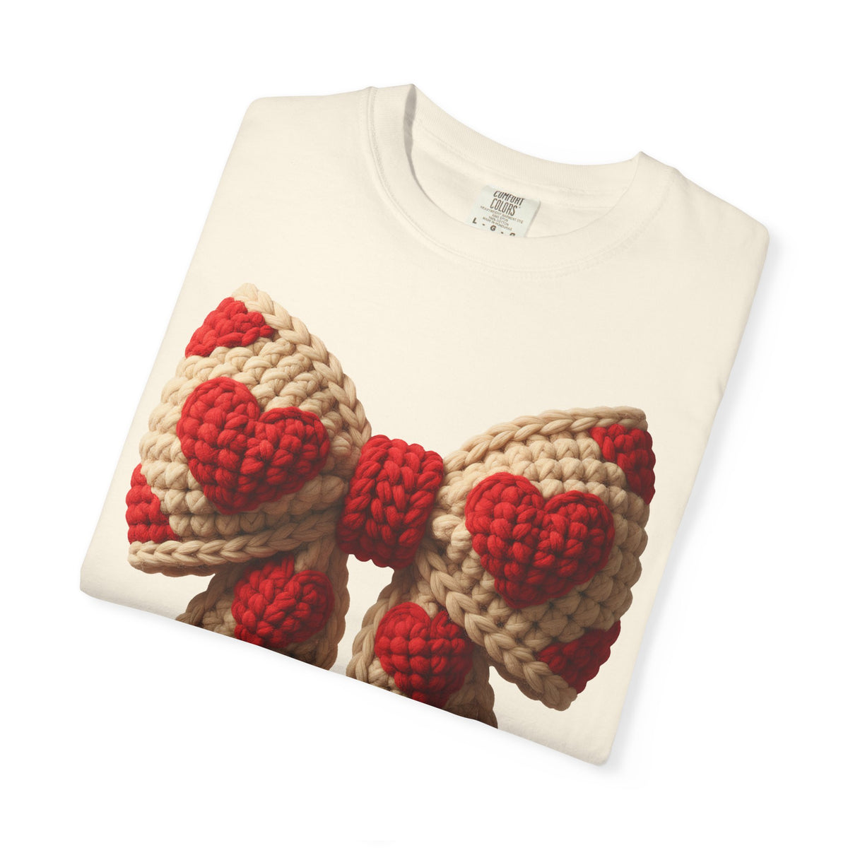 Faux Crochet Valentine Bow - Comfort Colors | Trendy Women's T-Shirt. Direct to Garment. Printed & Shipped in the USA. Unisex Sizes.