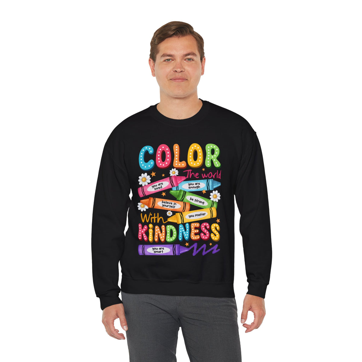 Color the World With Kindness Crayons, Great Teacher Gift – Gildan Heavy Blend | Trendy Women’s and Men's Soft Sweatshirt. Direct to Garment. Printed & Shipped in the USA. Unisex Sizes.