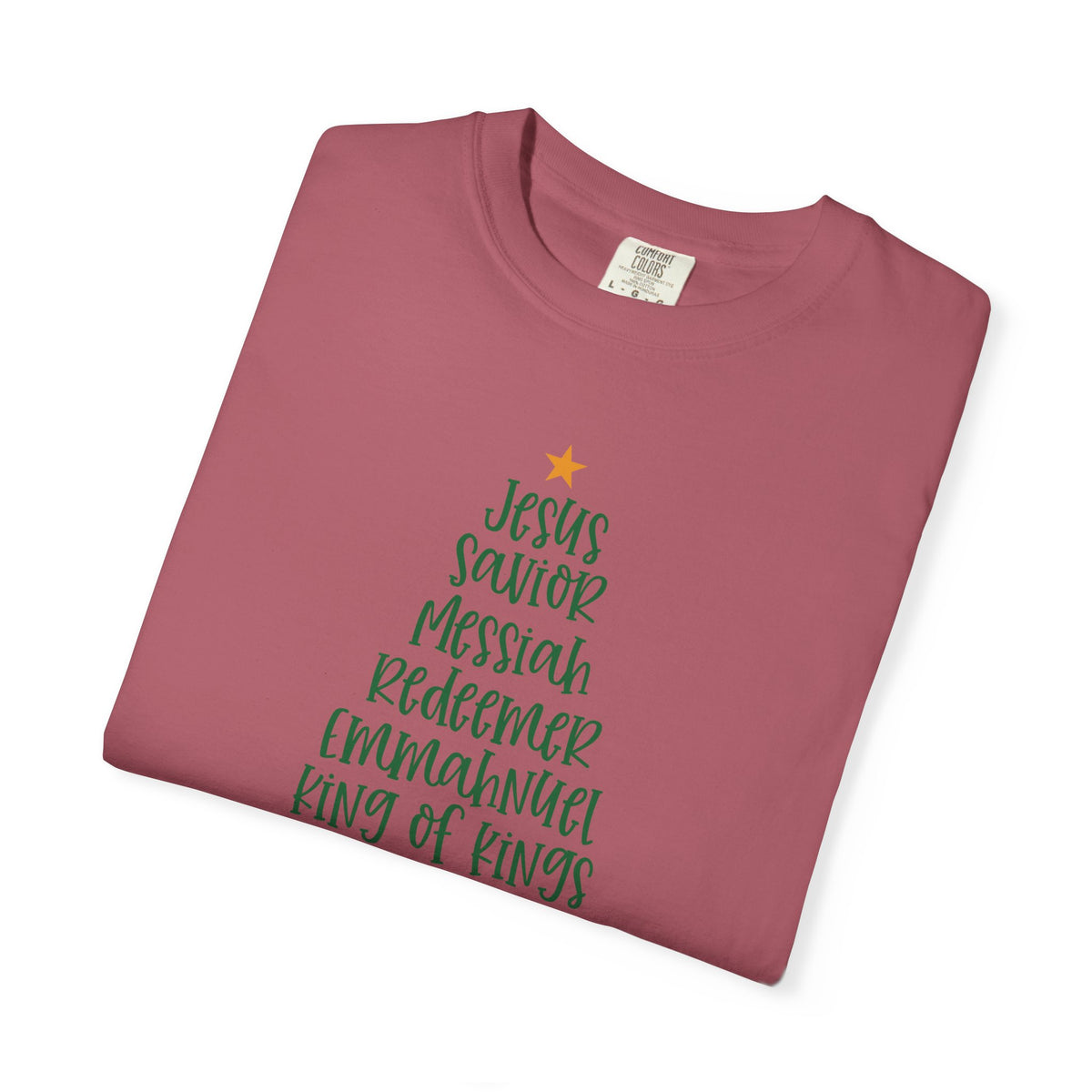 Jesus Name Christmas Tree - Comfort Colors | Trendy Women's T-Shirt. Direct to Garment. Printed & Shipped in the USA. Unisex Sizes.