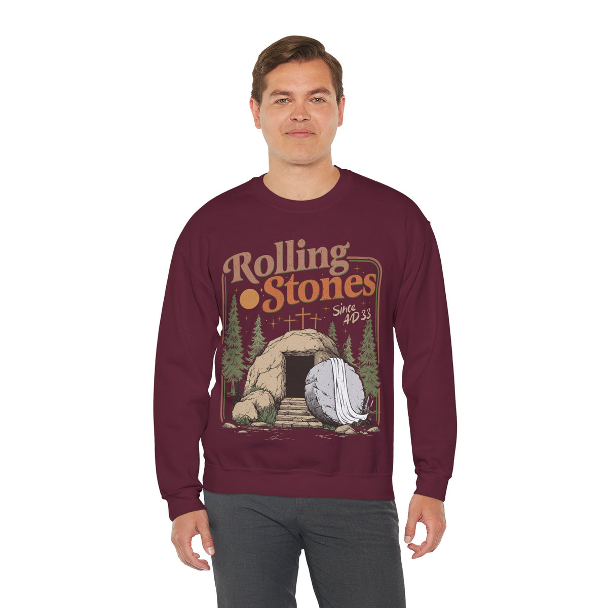 Rolling Stones "Since AD33" Easter Empty Tomb Christian – Gildan Heavy Blend | Trendy Men's and Women’s Soft Sweatshirt. Direct to Garment. Printed & Shipped in the USA. Unisex Sizes.