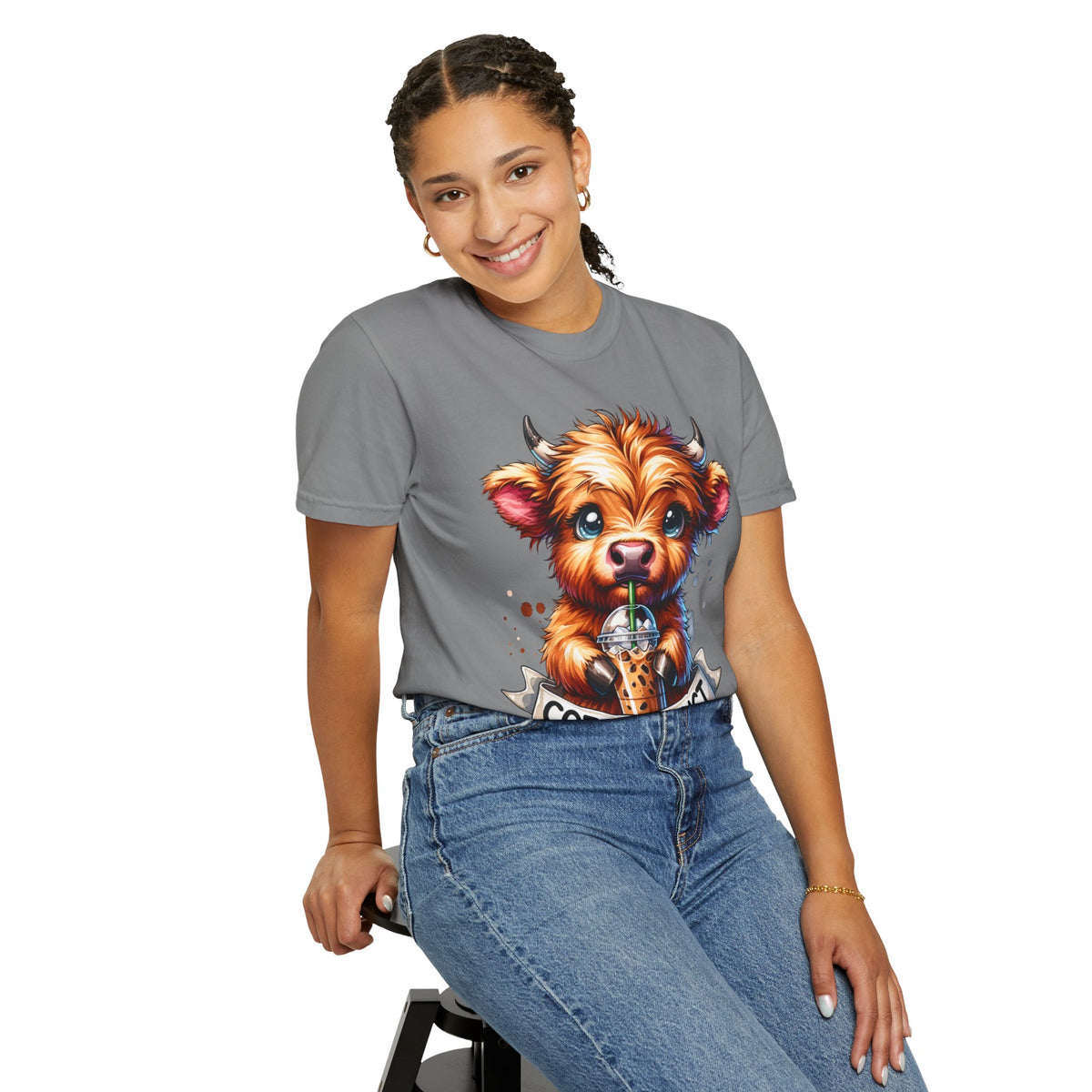 Coffee Addict Highland Cow Drinking Iced Coffee - Comfort Colors | Trendy Women's T-Shirt. Direct to Garment. Printed & Shipped in the USA. Unisex Sizes.
