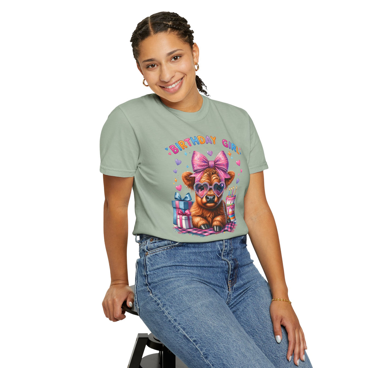Birthday Girl, Highland Cow - Comfort Colors | Trendy Women's T-Shirt. Direct to Garment. Printed & Shipped in the USA. Unisex Sizes.
