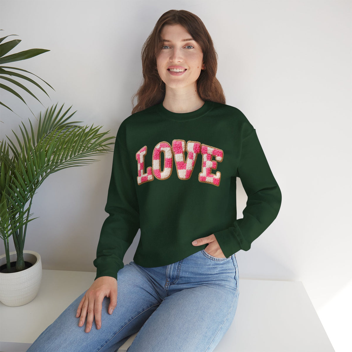 Faux Crochet Checkered LOVE – Gildan Heavy Blend | Trendy Women’s Soft Sweatshirt. Direct to Garment. Printed & Shipped in the USA. Unisex Sizes.