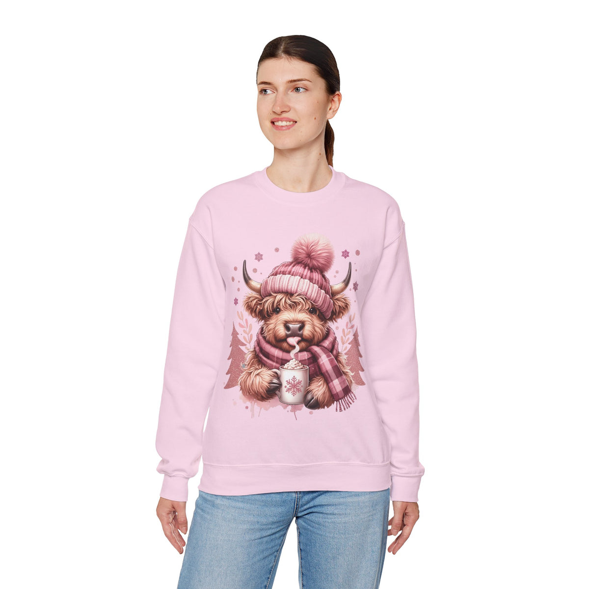 Cozy Highland Cow, Winter Coffee Mug & Scarf Pink – Gildan Heavy Blend | Trendy Women’s Soft Sweatshirt. Direct to Garment. Printed & Shipped in the USA. Unisex Sizes.