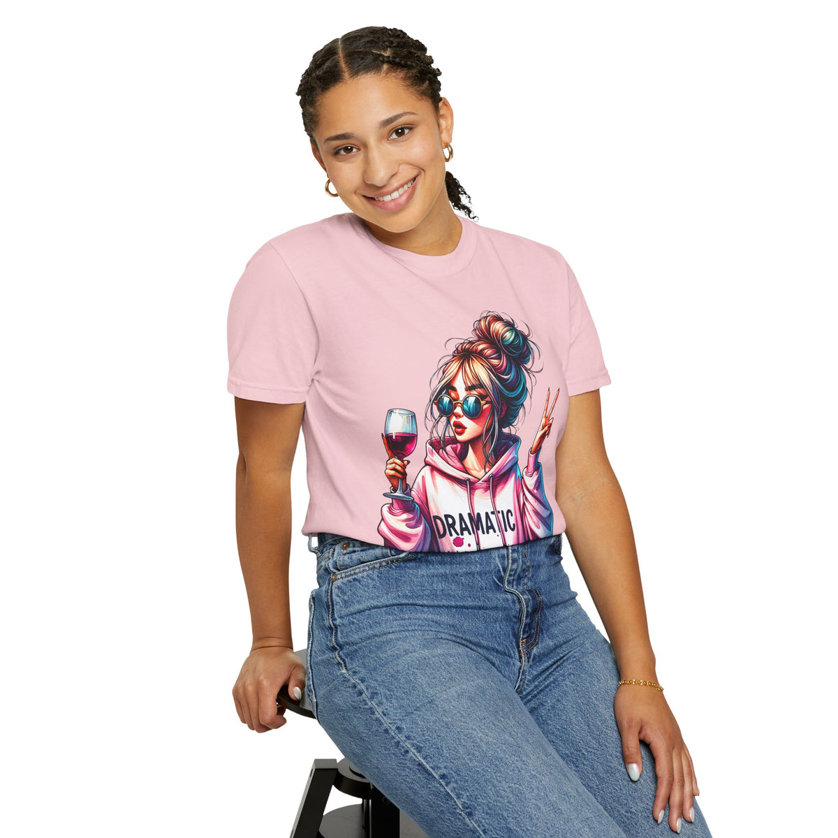 Dramatic Girl With Wine Messy Bun Peace Sign  - Comfort Colors | Trendy Women's T-Shirt. Direct to Garment. Printed & Shipped in the USA. Unisex Sizes.