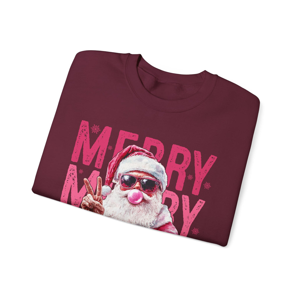 Pink Merry Christmas Bubblegum Santa – Gildan Heavy Blend | Trendy Women’s Soft Sweatshirt. Direct to Garment. Printed & Shipped in the USA. Unisex Sizes.