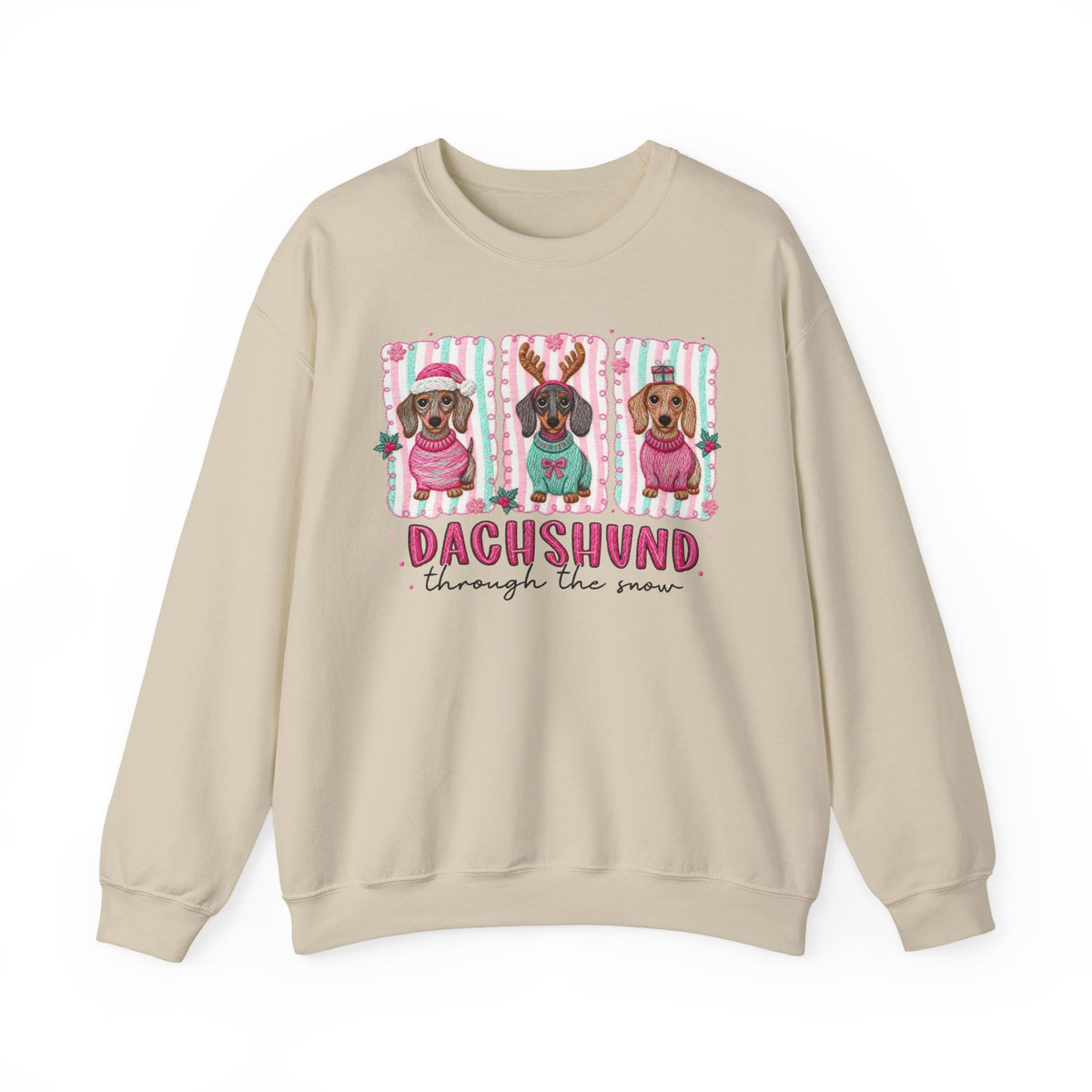 Dachshund Through the Snow – Gildan Heavy Blend | Trendy Women’s Soft Sweatshirt. Direct to Garment. Printed & Shipped in the USA. Unisex Sizes.