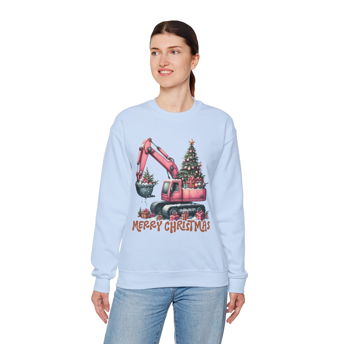 Excavator Merry Christmas Construction – Gildan Heavy Blend | Trendy Women’s Soft Sweatshirt. Direct to Garment. Printed & Shipped in the USA. Unisex Sizes.