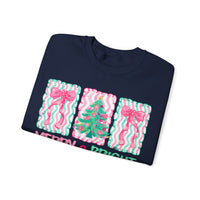 Merry & Bright Christmas - Pink & Green Holiday Tree Design – Gildan Heavy Blend | Trendy Women’s Soft Sweatshirt. Direct to Garment. Printed & Shipped in the USA. Unisex Sizes.