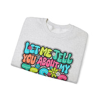 Let Me Tell You About My Jesus - Christian Colorful – Gildan Heavy Blend | Trendy Women’s Soft Sweatshirt. Direct to Garment. Printed & Shipped in the USA. Unisex Sizes.