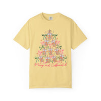 Merry and Caffeinated Iced Coffee Christmas Tree - Comfort Colors | Trendy Women's T-Shirt. Direct to Garment. Printed & Shipped in the USA. Unisex Sizes.