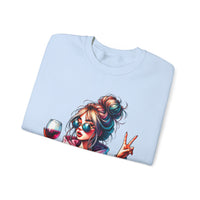 Dramatic Girl With Wine Messy Bun Peace Sign – Gildan Heavy Blend | Trendy Women’s Soft Sweatshirt. Direct to Garment. Printed & Shipped in the USA. Unisex Sizes.