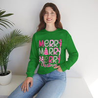 Merry Merry Merry Christmas Festive Candy Cane - Pink and Green – Gildan Heavy Blend | Trendy Women’s Soft Sweatshirt. Direct to Garment. Printed & Shipped in the USA. Unisex Sizes.