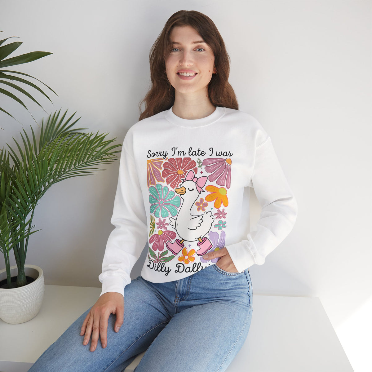 Sorry I'm Late I Was Dilly Dallying Cute Floral Duck – Gildan Heavy Blend | Trendy Women’s Soft Sweatshirt. Direct to Garment. Printed & Shipped in the USA. Unisex Sizes.