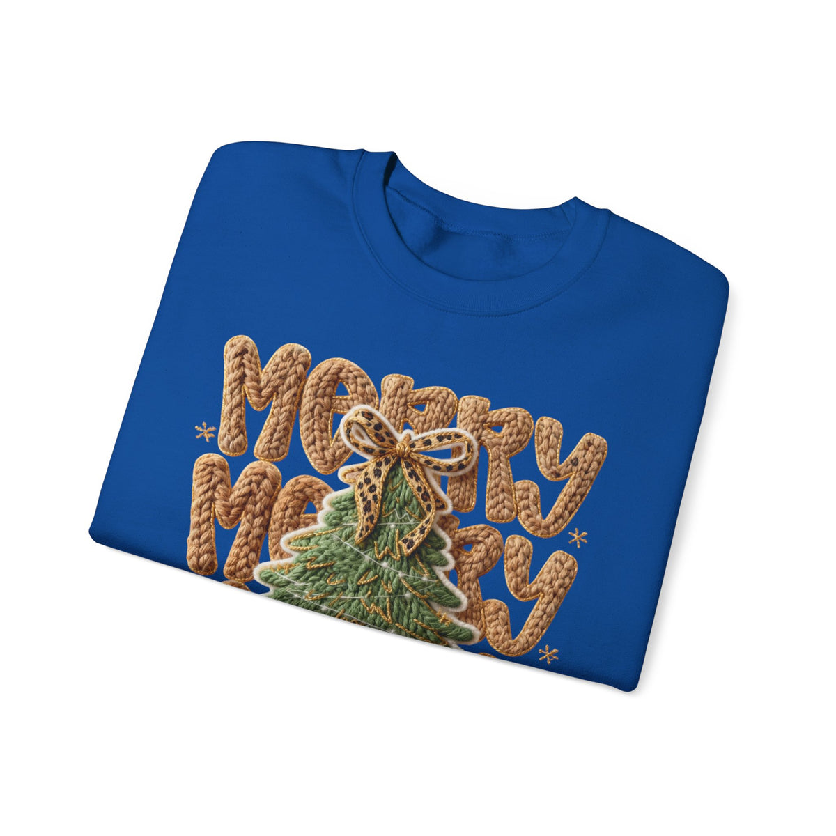 Merry Merry Merry Christmas, Faux Latch Hook Yarn – Gildan Heavy Blend | Trendy Women’s Soft Sweatshirt. Direct to Garment. Printed & Shipped in the USA. Unisex Sizes.