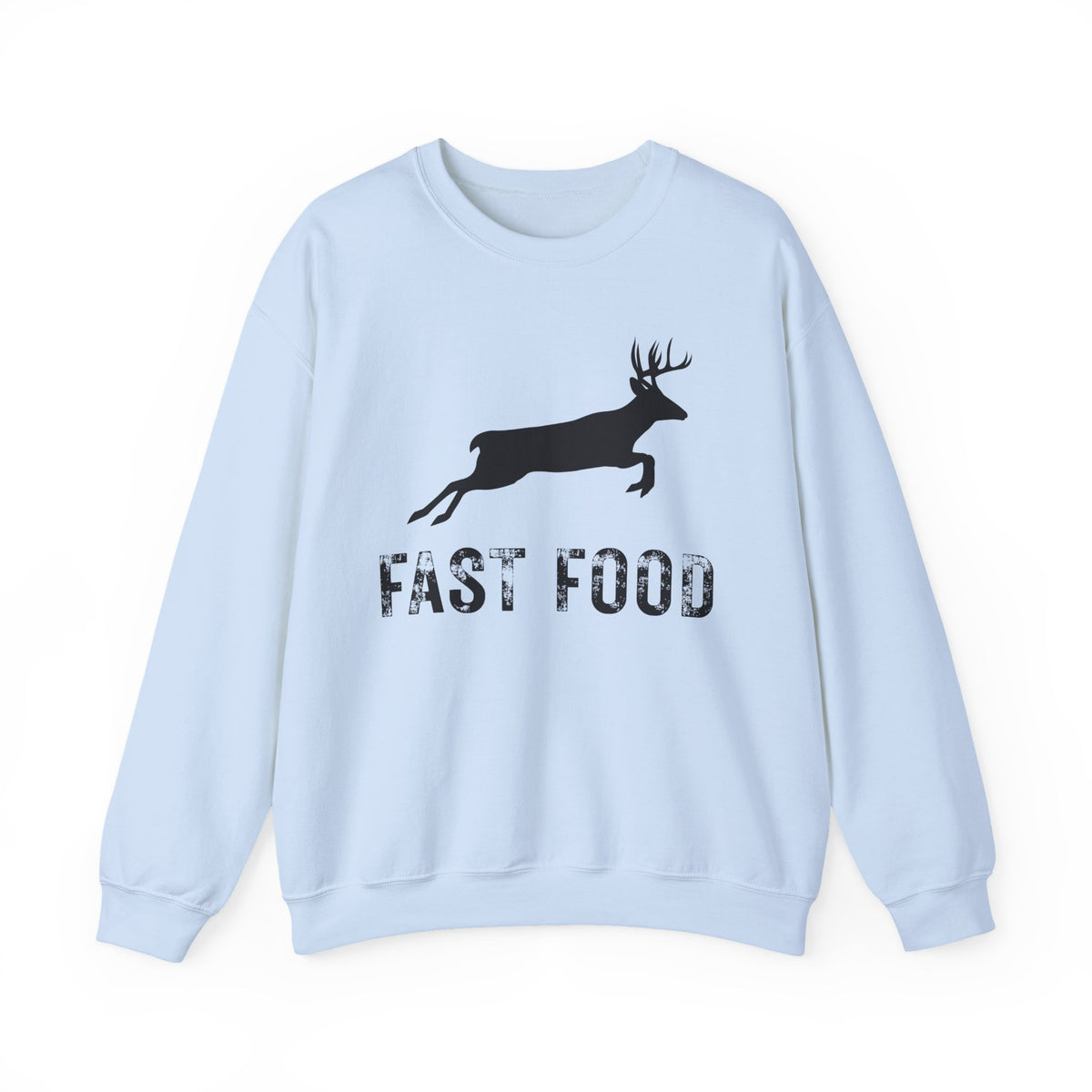 Fast Food Deer Hunting Humor Distressed – Gildan Heavy Blend | Trendy Men's and Women’s Soft Sweatshirt. Direct to Garment. Printed & Shipped in the USA. Unisex Sizes.