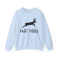 Fast Food Deer Hunting Humor Distressed – Gildan Heavy Blend | Trendy Men's and Women’s Soft Sweatshirt. Direct to Garment. Printed & Shipped in the USA. Unisex Sizes.