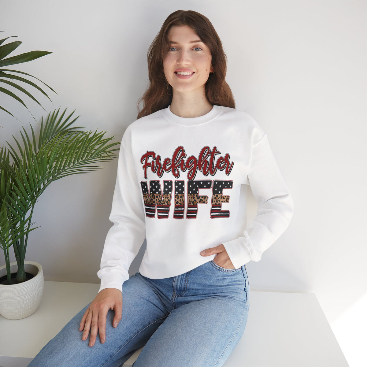 Firefighter Wife Patriotic Flag Lettering for Firefighter Spouse – Gildan Heavy Blend | Trendy Women’s Soft Sweatshirt. Direct to Garment. Printed & Shipped in the USA. Unisex Sizes.