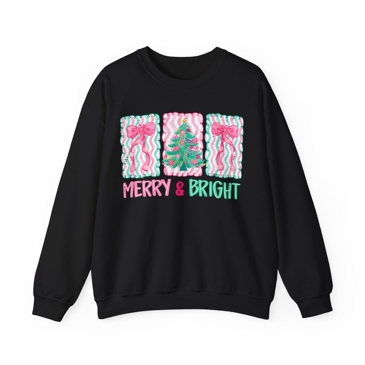 Merry & Bright Christmas - Pink & Green Holiday Tree Design – Gildan Heavy Blend | Trendy Women’s Soft Sweatshirt. Direct to Garment. Printed & Shipped in the USA. Unisex Sizes.