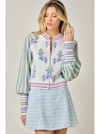 Floral Sweater Bomber Jacket w/Puff Sleeves