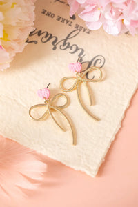 Lightweight Textured Trendy Bow Earrings with Waffled Pink Heart - Yellow Gold Plated