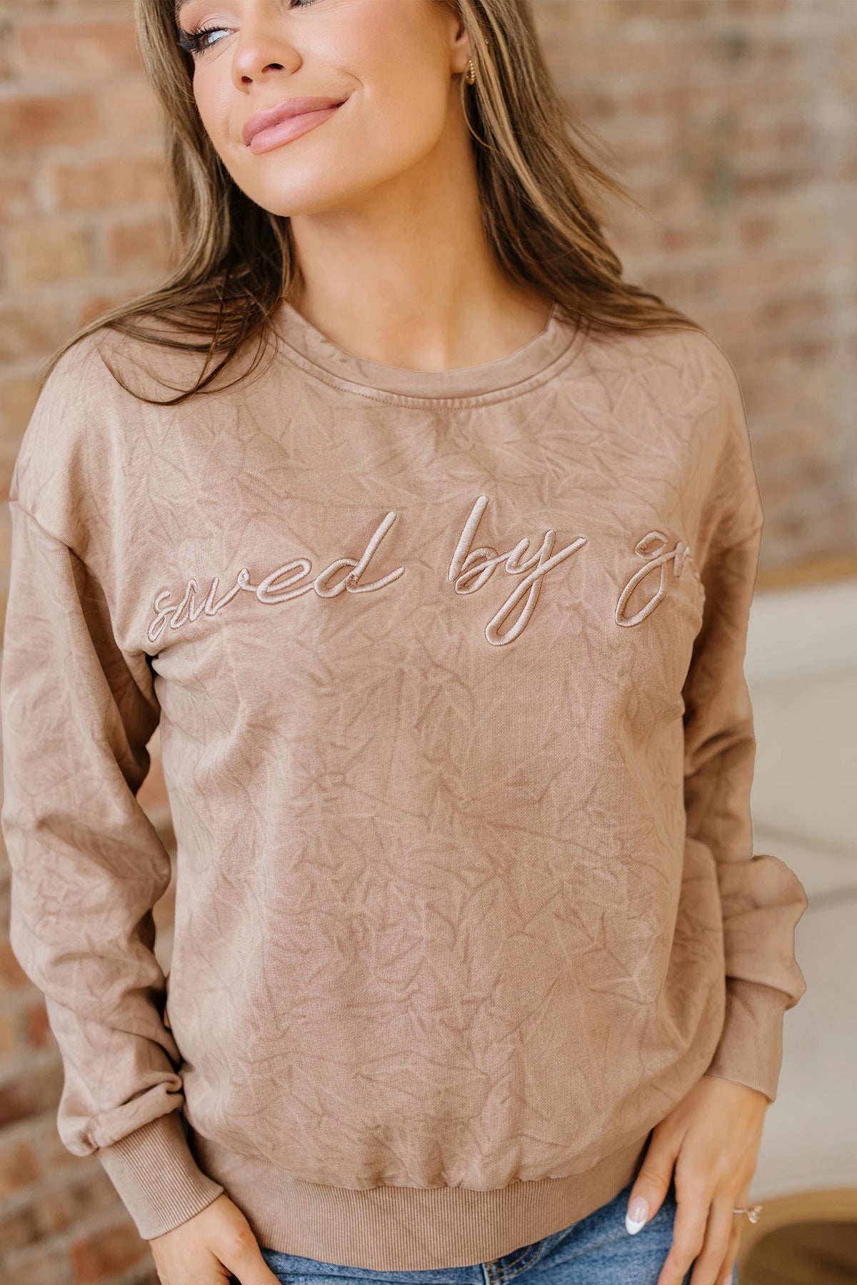 Saved By Grace (Beige) Letter Embroidery Mineral Wash Loose Sweatshirt