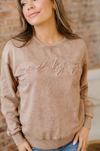 Saved By Grace (Beige) Letter Embroidery Mineral Wash Loose Sweatshirt