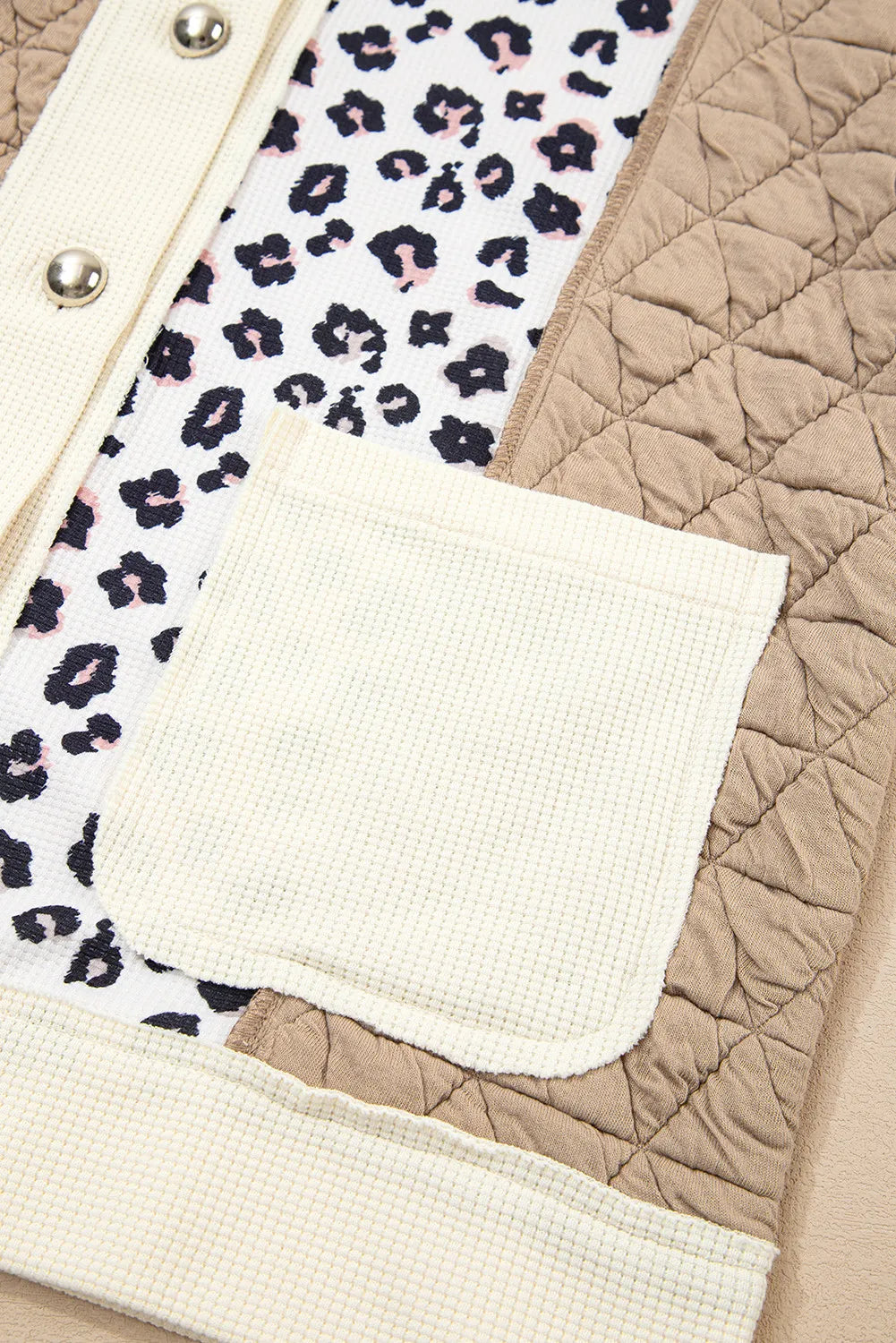 Khaki & Leopard Patchwork Quilted Button-Front Lightweight Jacket with Pockets