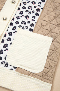 Khaki & Leopard Patchwork Quilted Button-Front Lightweight Jacket with Pockets