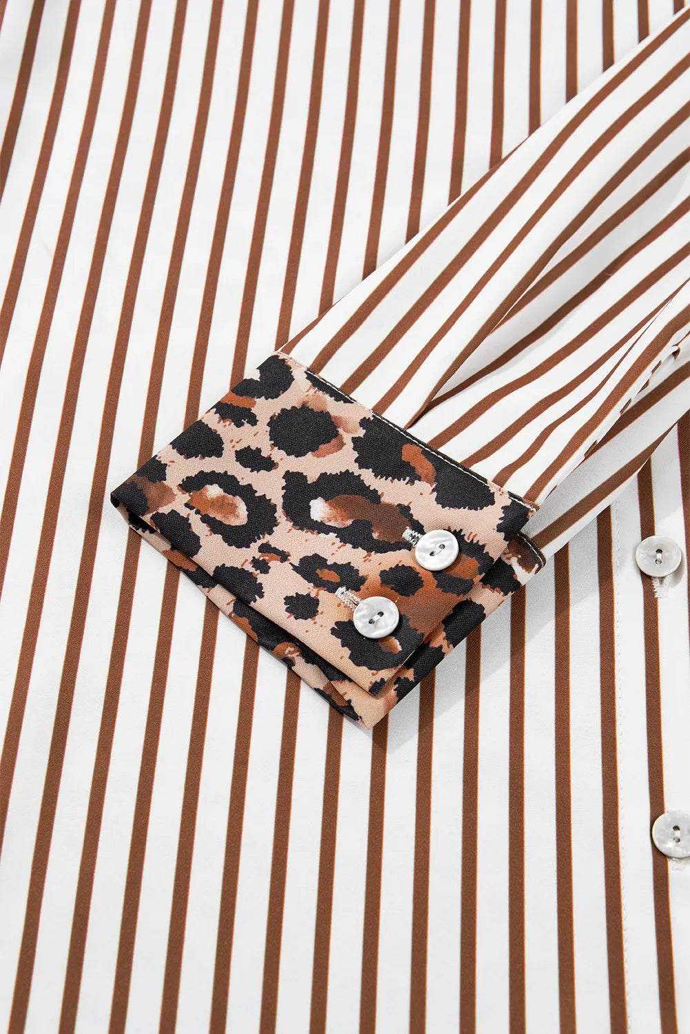 Brown & White Striped and Leopard Print Shirt Dress with Pockets