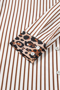 Brown & White Striped and Leopard Print Shirt Dress with Pockets