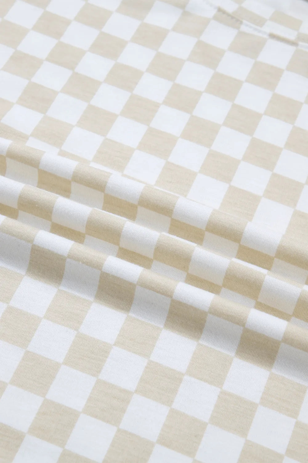 Khaki & White 2pc Checkered Print Half Sleeve Loungewear with Pockets