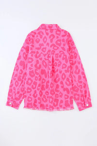 Vibrant Pink Leopard Print Lightweight Jean Jacket with Raw Hem