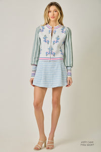 Floral Sweater Bomber Jacket w/Puff Sleeves