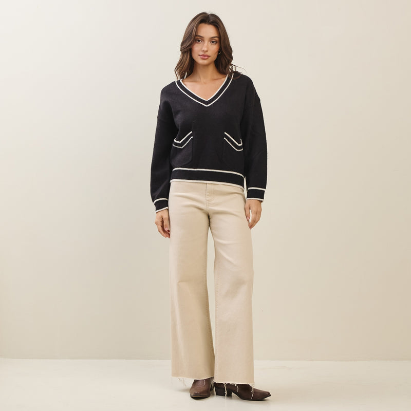 Alisha V-Neck (Black) Contrast Trim Sweater w/Pockets