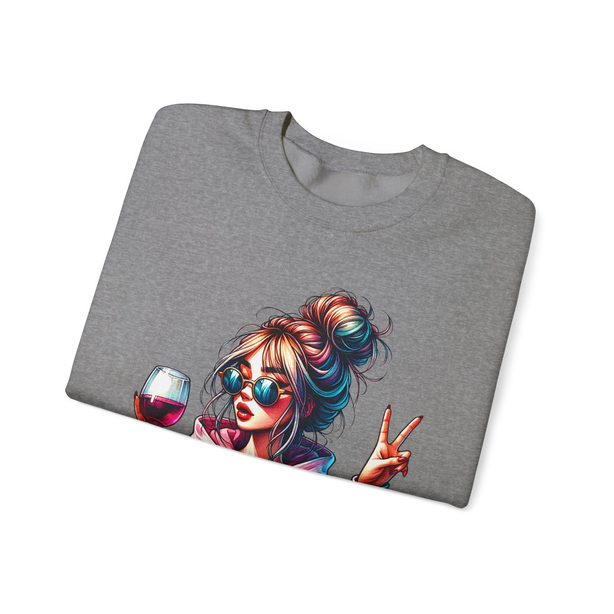 Dramatic Girl With Wine Messy Bun Peace Sign – Gildan Heavy Blend | Trendy Women’s Soft Sweatshirt. Direct to Garment. Printed & Shipped in the USA. Unisex Sizes.