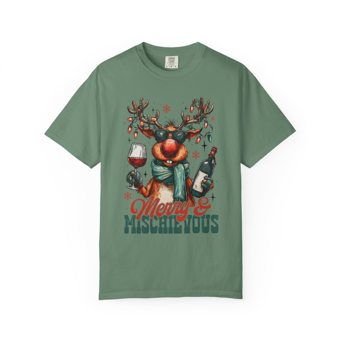 Merry & Mischievous Reindeer - Comfort Colors | Trendy Women's and Men's T-Shirt. Direct to Garment. Printed & Shipped in the USA. Unisex Sizes.