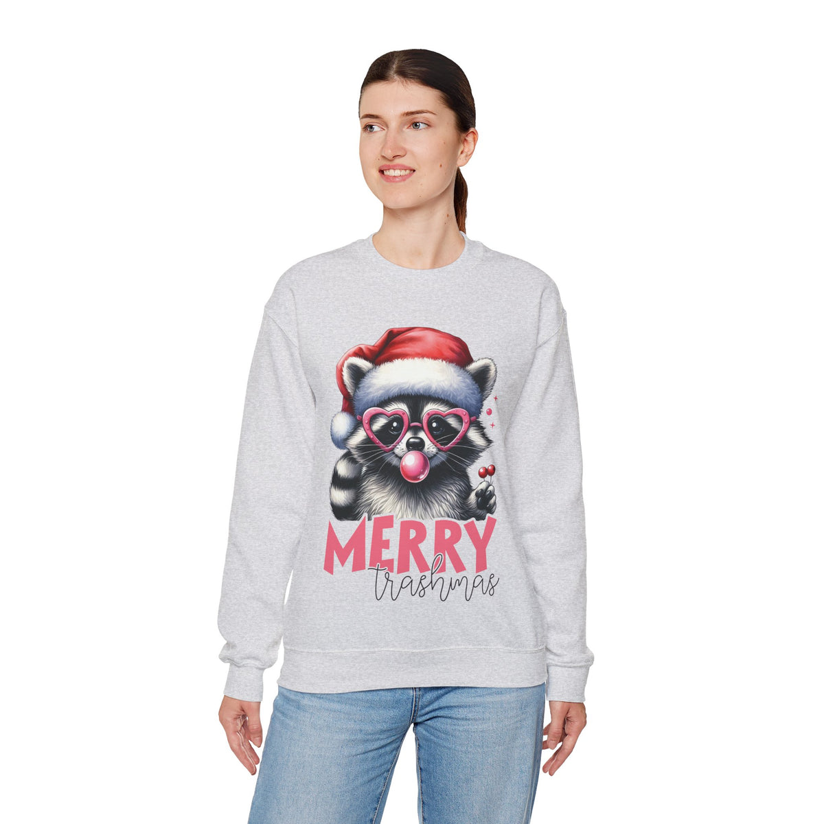 Merry Trashmas Bubblegum Raccoon w/Santa Hat Christmas – Gildan Heavy Blend | Trendy Women’s Soft Sweatshirt. Direct to Garment. Printed & Shipped in the USA. Unisex Sizes.