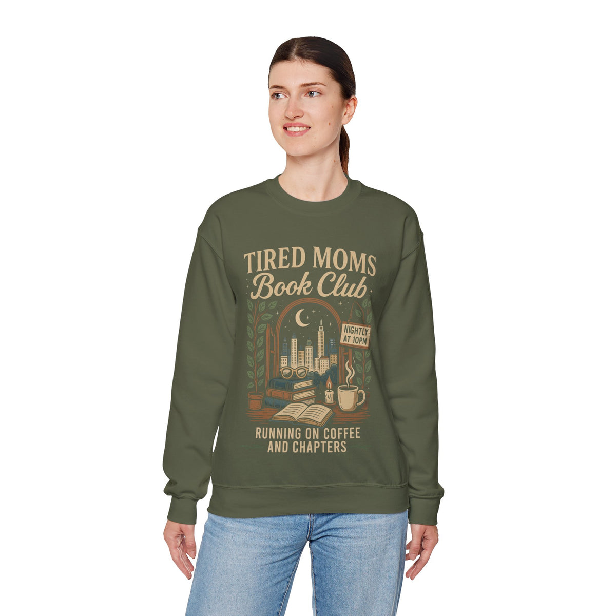Tired Moms Book Club Running on Coffee and Chapters – Gildan Heavy Blend | Trendy Women’s Soft Sweatshirt. Direct to Garment. Printed & Shipped in the USA. Unisex Sizes.