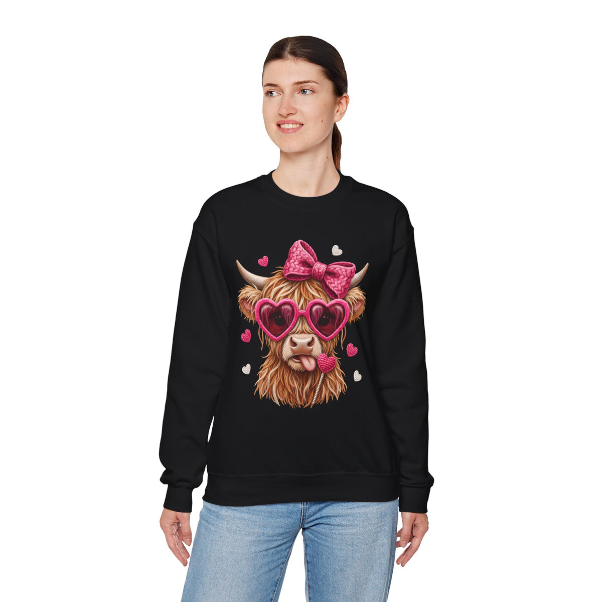 Highland Cow - Pink Heart Shaped Glasses – Gildan Heavy Blend | Trendy Women’s Soft Sweatshirt. Direct to Garment. Printed & Shipped in the USA. Unisex Sizes.