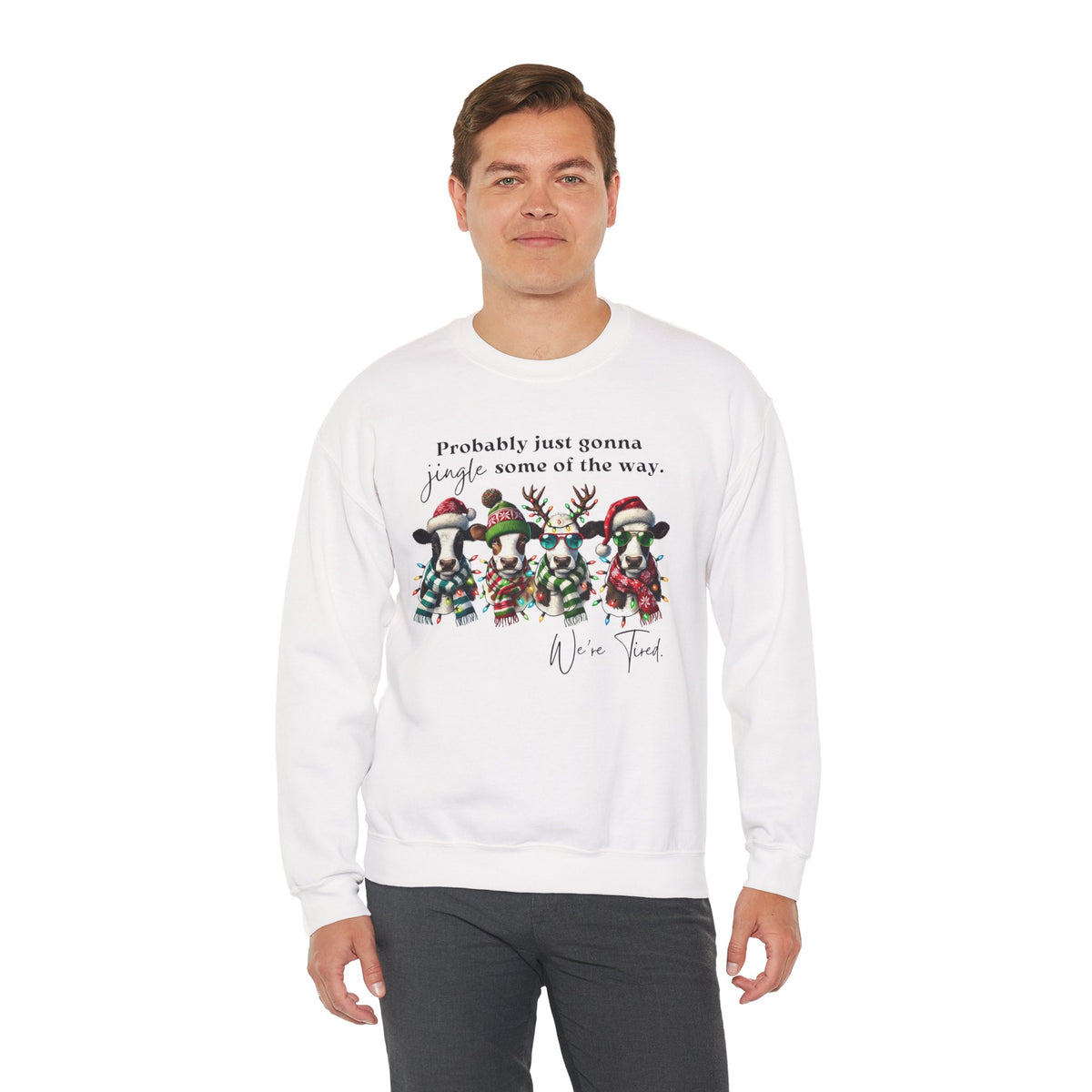 Christmas Cows - Probably Just Gonna Jingle Some Of The Way – Gildan Heavy Blend | Trendy Women’s and Men's Soft Sweatshirt. Direct to Garment. Printed & Shipped in the USA. Unisex Sizes.