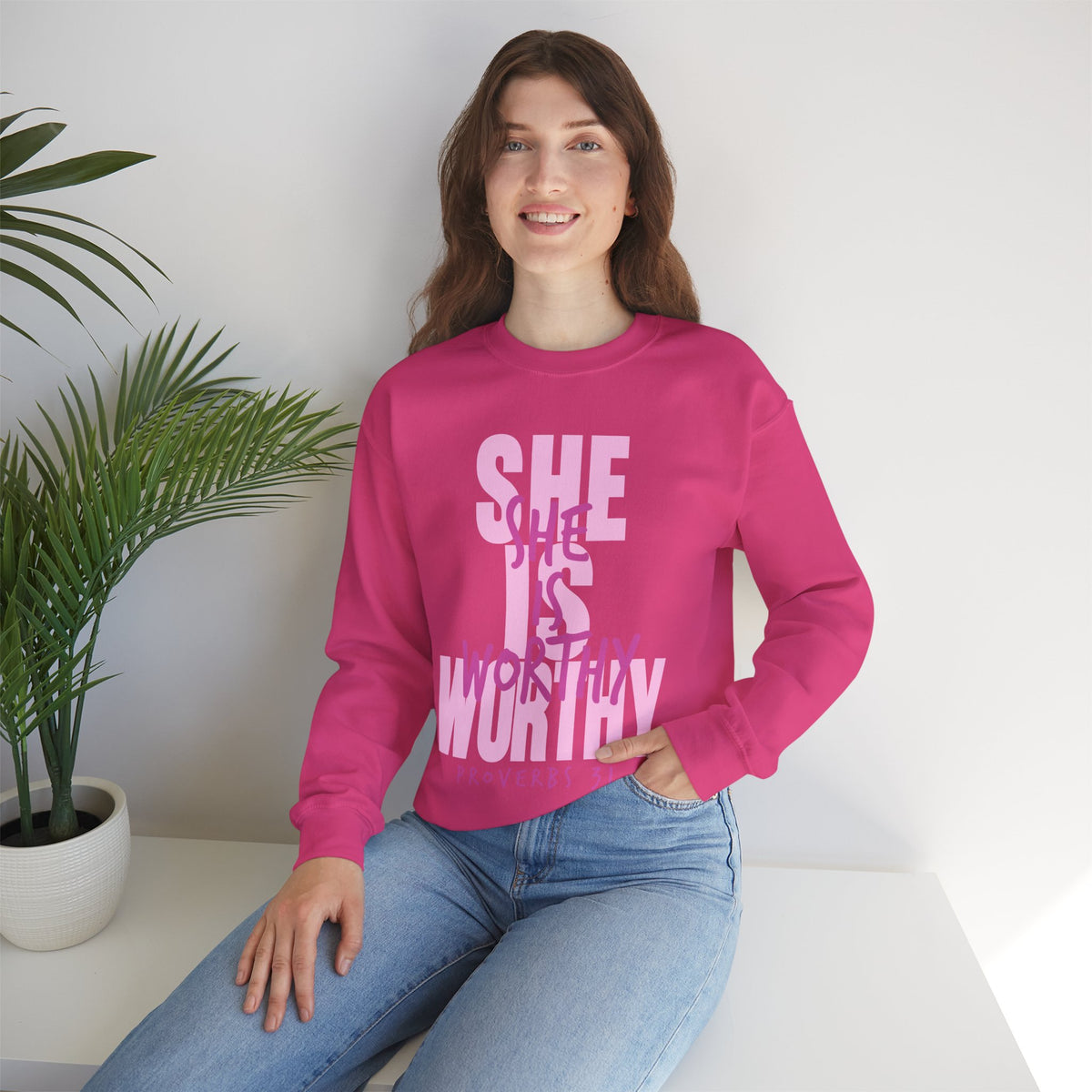 She Is Worthy – Gildan Heavy Blend | Trendy Women’s Soft Sweatshirt. Direct to Garment. Printed & Shipped in the USA. Unisex Sizes.