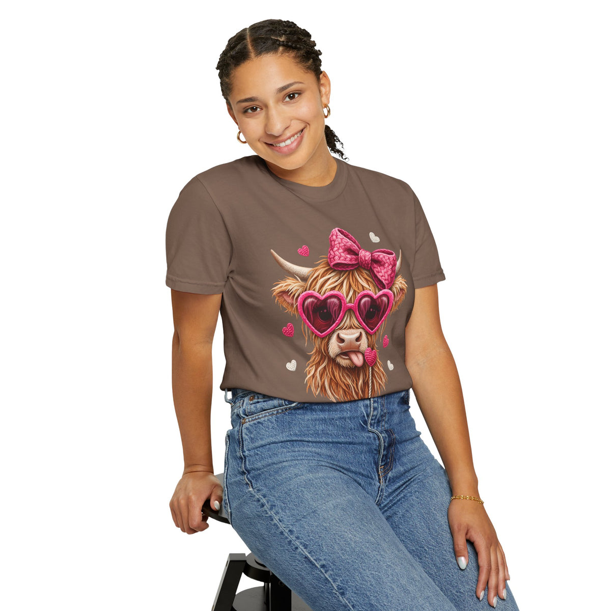 Highland Cow - Pink Heart Shaped Glasses - Comfort Colors | Trendy Women's T-Shirt. Direct to Garment. Printed & Shipped in the USA. Unisex Sizes.