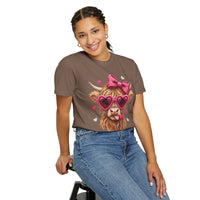 Highland Cow - Pink Heart Shaped Glasses - Comfort Colors | Trendy Women's T-Shirt. Direct to Garment. Printed & Shipped in the USA. Unisex Sizes.
