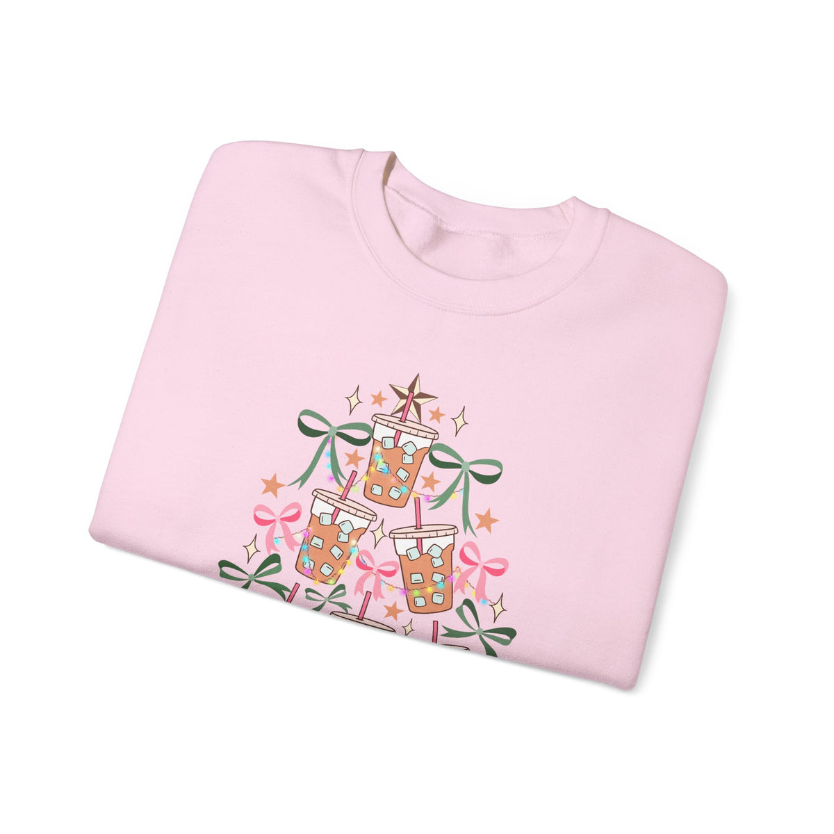 Merry and Caffeinated Iced Coffee Christmas Tree – Gildan Heavy Blend | Trendy Women’s Soft Sweatshirt. Direct to Garment. Printed & Shipped in the USA. Unisex Sizes.